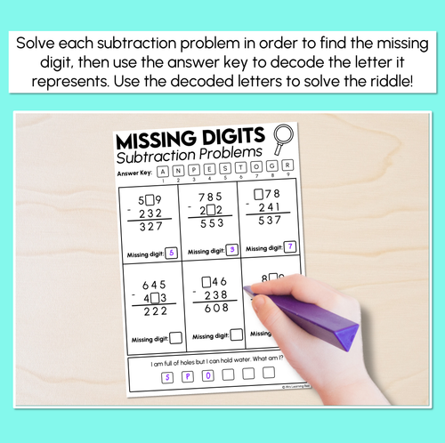 Resource preview 2 for Crack the Code - Missing Digits - 3-Digit Subtraction Worksheets