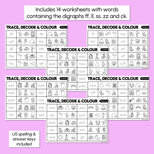 Resource preview 3 for Trace, Decode & Colour - Consonant Digraph FF LL SS ZZ CK Words Worksheets