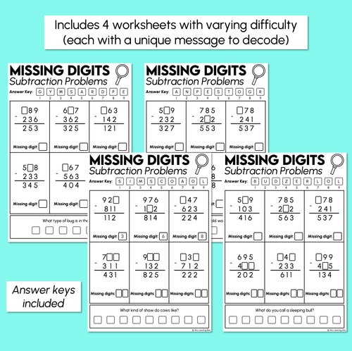 Resource preview 3 for Crack the Code - Missing Digits - 3-Digit Subtraction Worksheets