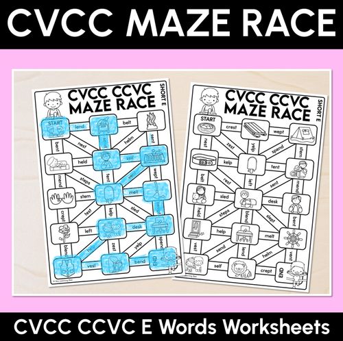 Resource preview 1 for CVCC Words Maze Race - CVCC CCVC E Words Worksheets