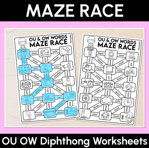 Resource preview 1 for Diphthong OU OW Words Maze Race - Diphthong OU OW Words Worksheets