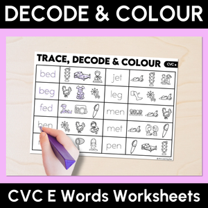 Trace, Decode & Colour - CVC E Words Worksheets