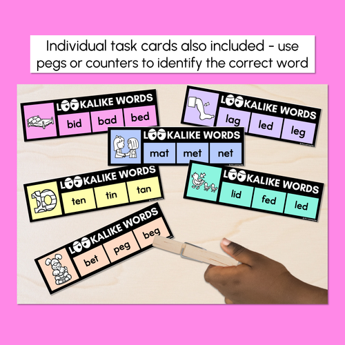 Resource preview 3 for LOOKALIKE WORDS with CVC Words - Short E CVC Words - Task Cards & Printables
