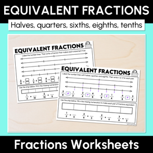 Equivalent Fractions - Halves, Quarters, Sixths, Eighths, Tenths Worksheets