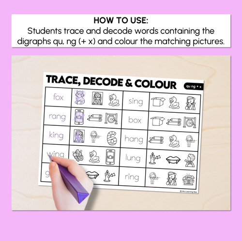 Resource preview 2 for Trace, Decode & Colour - Consonant Digraph QU NG + X Words Worksheets