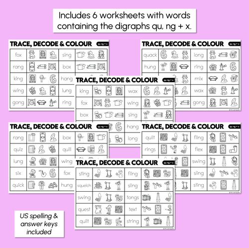 Resource preview 3 for Trace, Decode & Colour - Consonant Digraph QU NG + X Words Worksheets
