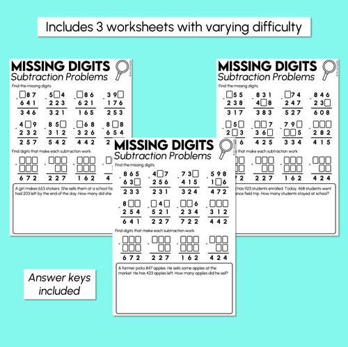 Resource preview 3 for Missing Digits - 3-Digit Number Subtraction Worksheets