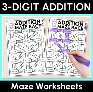 Addition Maze Race - 3-Digit Numbers Worksheets