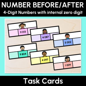 Number Before & After - 4-Digit Numbers (Internal Zero Digits) - Task Cards
