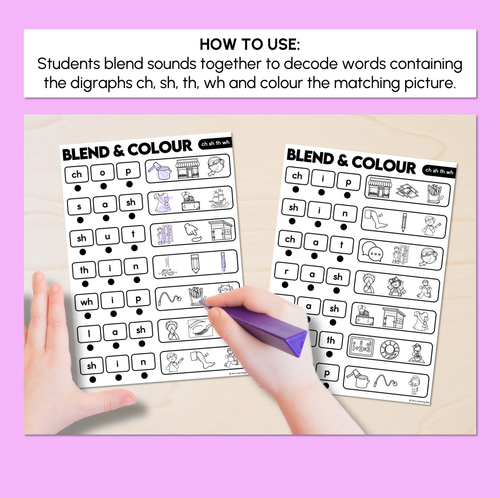 Resource preview 2 for Blend & Colour - Consonant Digraph CH SH TH WH Words Blending Worksheets
