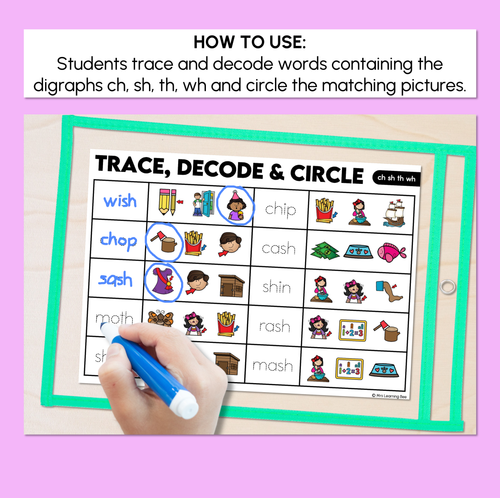 Resource preview 2 for Trace, Decode & Circle - Consonant Digraph CH SH TH WH Words - Decodable Word Mats