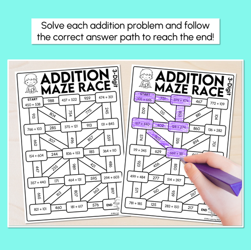 Resource preview 2 for Addition Maze Race - 3-Digit Numbers Worksheets