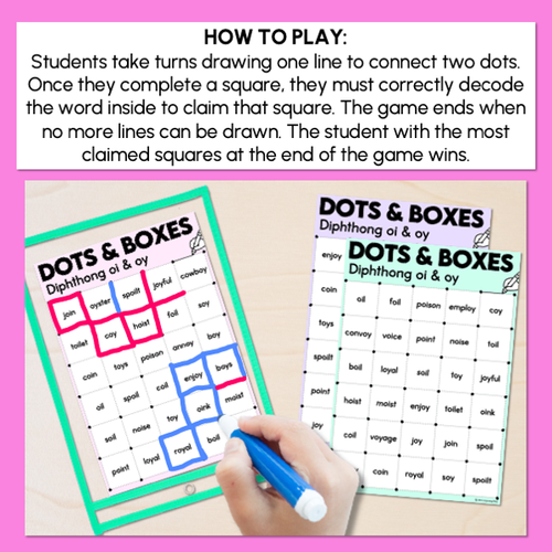 Resource preview 4 for Dots and Boxes Phonics Game - Diphthong OI OY Words