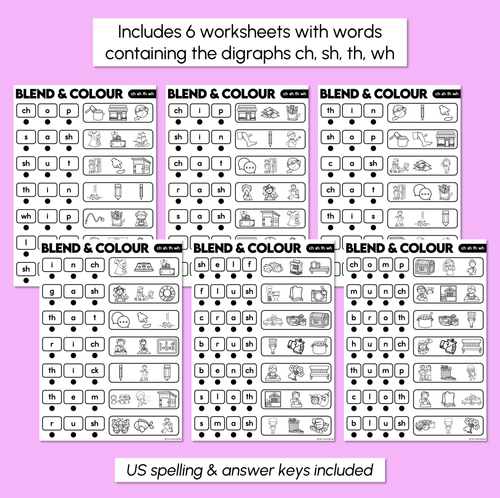 Resource preview 3 for Blend & Colour - Consonant Digraph CH SH TH WH Words Blending Worksheets