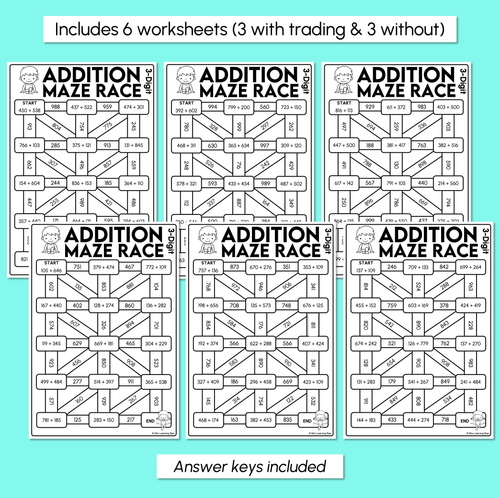 Resource preview 3 for Addition Maze Race - 3-Digit Numbers Worksheets