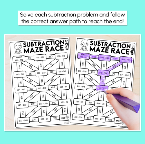 Resource preview 2 for Subtraction Maze Race - 3-Digit Numbers Worksheets