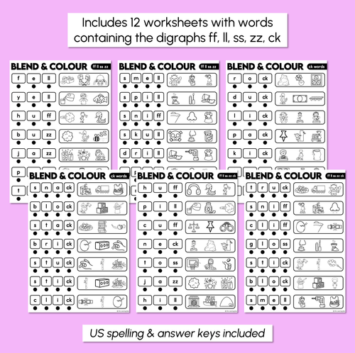 Resource preview 3 for Blend & Colour - Consonant Digraph FF LL SS ZZ CK Words Blending Worksheets