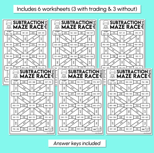 Resource preview 3 for Subtraction Maze Race - 3-Digit Numbers Worksheets