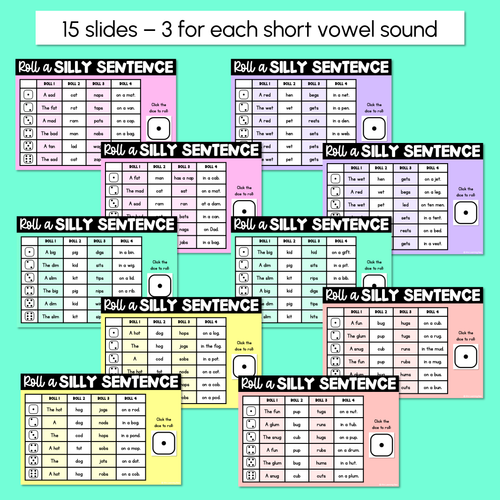 Resource preview 2 for Decodable Sentences with CVC CVCC CCVC Words Sorted By Vowel Sounds - DIGITAL Roll a Silly Sentence