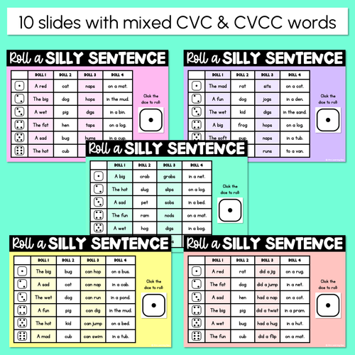 Resource preview 3 for Decodable Sentences with CVC CVCC CCVC Words Sorted By Vowel Sounds - DIGITAL Roll a Silly Sentence