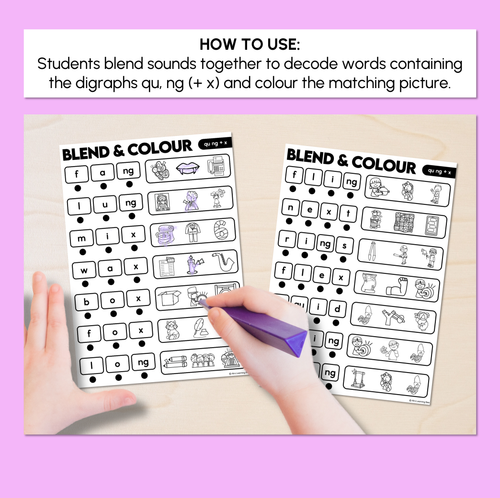 Resource preview 2 for Blend & Colour - Consonant Digraph QU NG + X Words Blending Worksheets