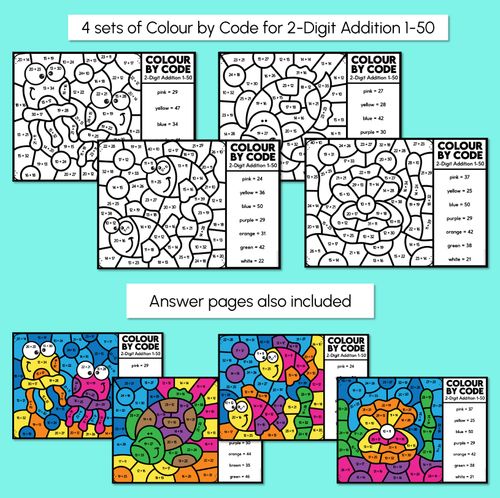 Resource preview 2 for Colour By Code - 2-Digit Addition 1-50 & 50-100 - Monster Theme