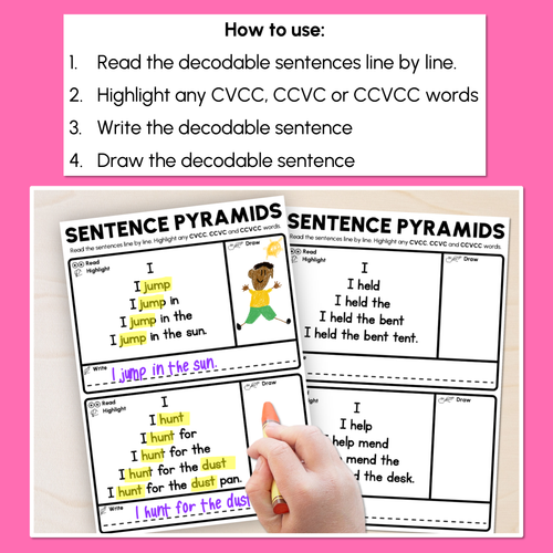 Resource preview 2 for Decodable Sentence Pyramid Worksheets - CVCC CCVC Words Sorted by Vowel Sound