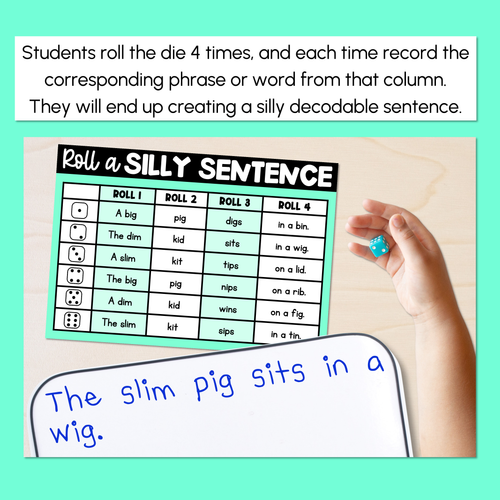 Resource preview 4 for Decodable Sentences with CVC CVCC CCVC Words Sorted By Vowel Sounds- Roll a Silly Sentence Phonics
