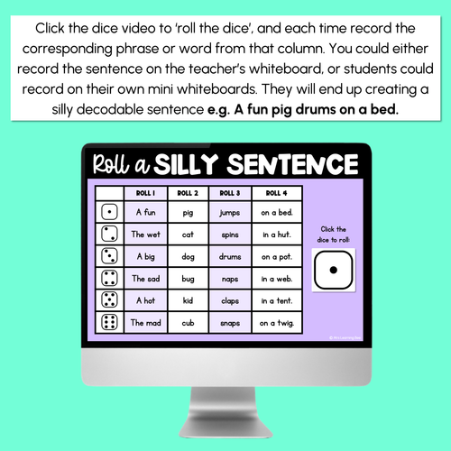 Resource preview 4 for Decodable Sentences with CVC CVCC CCVC Words Sorted By Vowel Sounds - DIGITAL Roll a Silly Sentence