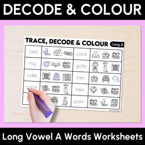 Trace, Decode & Colour - Long Vowel A Words Worksheets