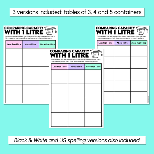 Resource preview 3 for Comparing Capacity with 1 Litre Recording Sheets