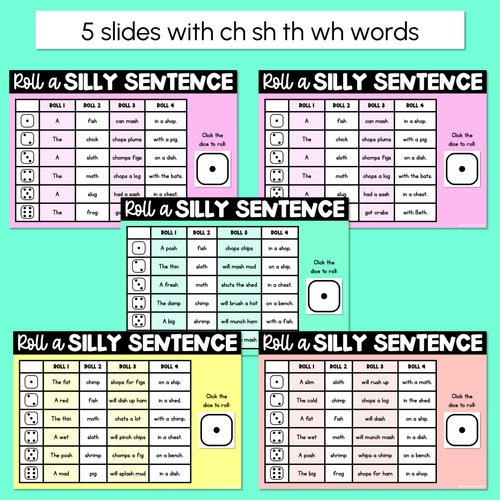 Resource preview 2 for Decodable Sentences with Consonant Digraph ch sh th wh Words - DIGITAL Roll a Silly Sentence