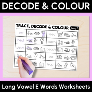 Trace, Decode & Colour - Long Vowel E Words Worksheets