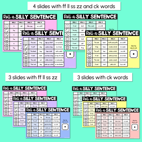 Resource preview 2 for Decodable Sentences with Consonant Digraph ff ll ss zz ck Words - DIGITAL Roll a Silly Sentence