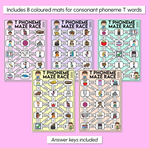 Resource preview 3 for Consonant Phoneme T Words Maze Race - Consonant T Words Mats