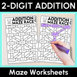Addition Maze Race - 2-Digit Numbers Worksheets