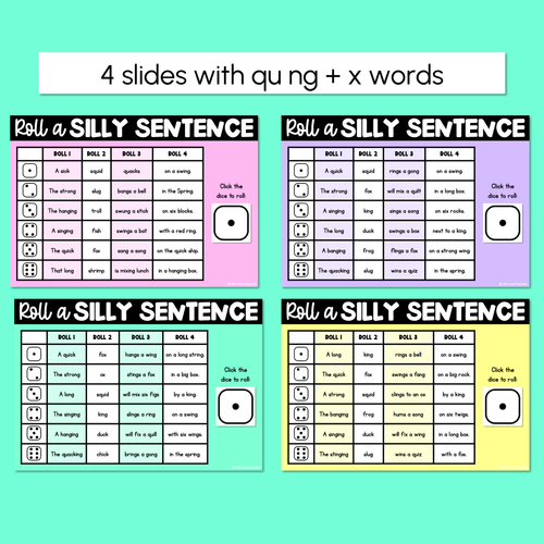 Resource preview 2 for Decodable Sentences with Consonant Digraph qu ng + x Words - DIGITAL Roll a Silly Sentence