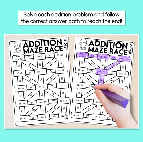 Resource preview 2 for Addition Maze Race - 2-Digit Numbers Worksheets