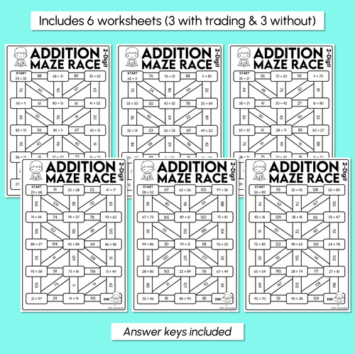 Resource preview 3 for Addition Maze Race - 2-Digit Numbers Worksheets