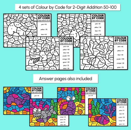 Resource preview 3 for Colour By Code - 2-Digit Addition 1-50 & 50-100 - Monster Theme