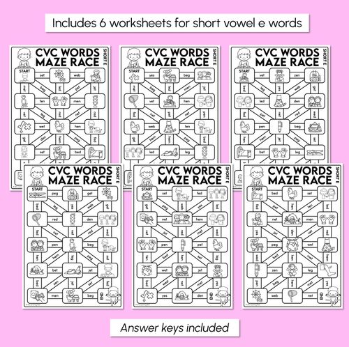 Resource preview 3 for CVC Words Maze Race - CVC E Words Worksheets