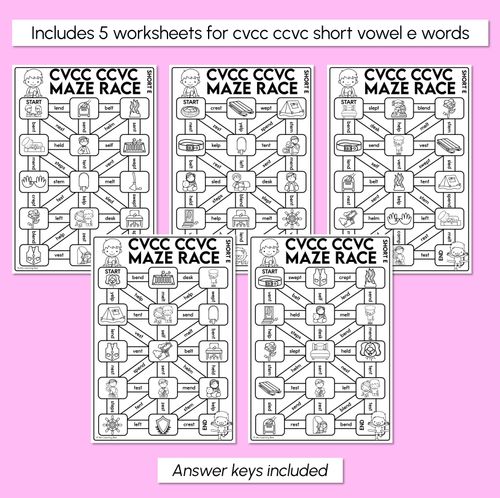 Resource preview 3 for CVCC Words Maze Race - CVCC CCVC E Words Worksheets
