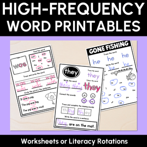 High Frequency Words Worksheets - Heart Word Print & Go Activities