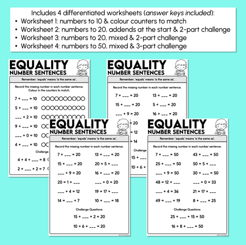 Resource preview 3 for Equality Number Sentences - Missing Number Worksheets