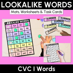 LOOKALIKE WORDS with CVC Words - Short I CVC Words - Task Cards & Printables
