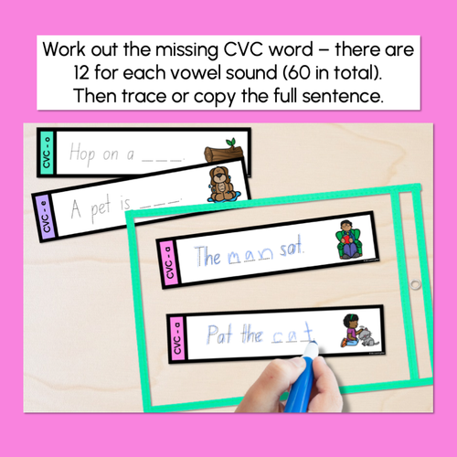 Resource preview 4 for CVC WORD SENTENCES TASK CARDS - Trace the Sentence with missing CVC words