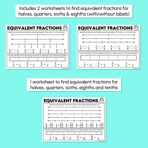 Resource preview 3 for Equivalent Fractions - Halves, Quarters, Sixths, Eighths, Tenths Worksheets