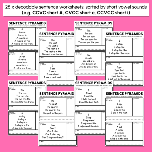 Resource preview 3 for Decodable Sentence Pyramid Worksheets - CVCC CCVC Words Sorted by Vowel Sound