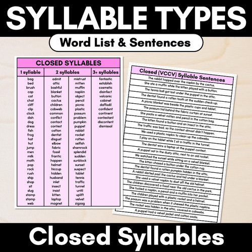 Resource preview 1 for Syllable Pattern Word Lists & Sentences - Closed Syllables