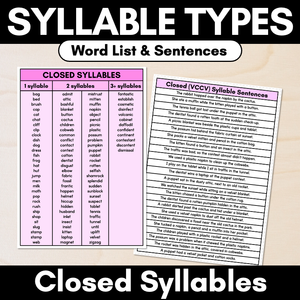 Syllable Pattern Word Lists & Sentences - Closed Syllables